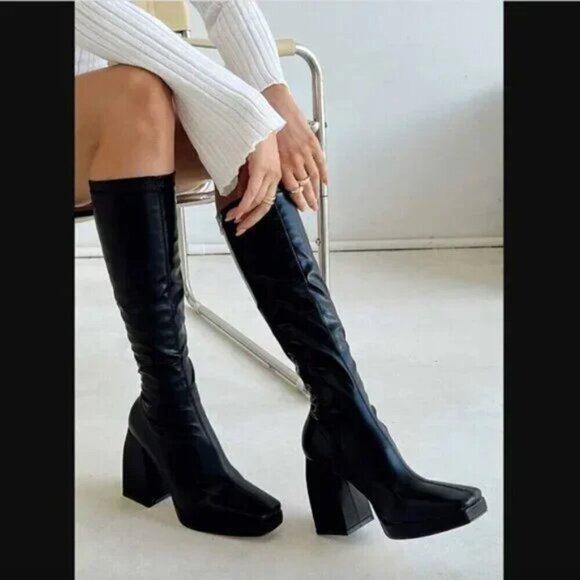 Princess Polly Zayas Black Faux Leather Knee High Heeled Boots 7 - Picture 1 of 10